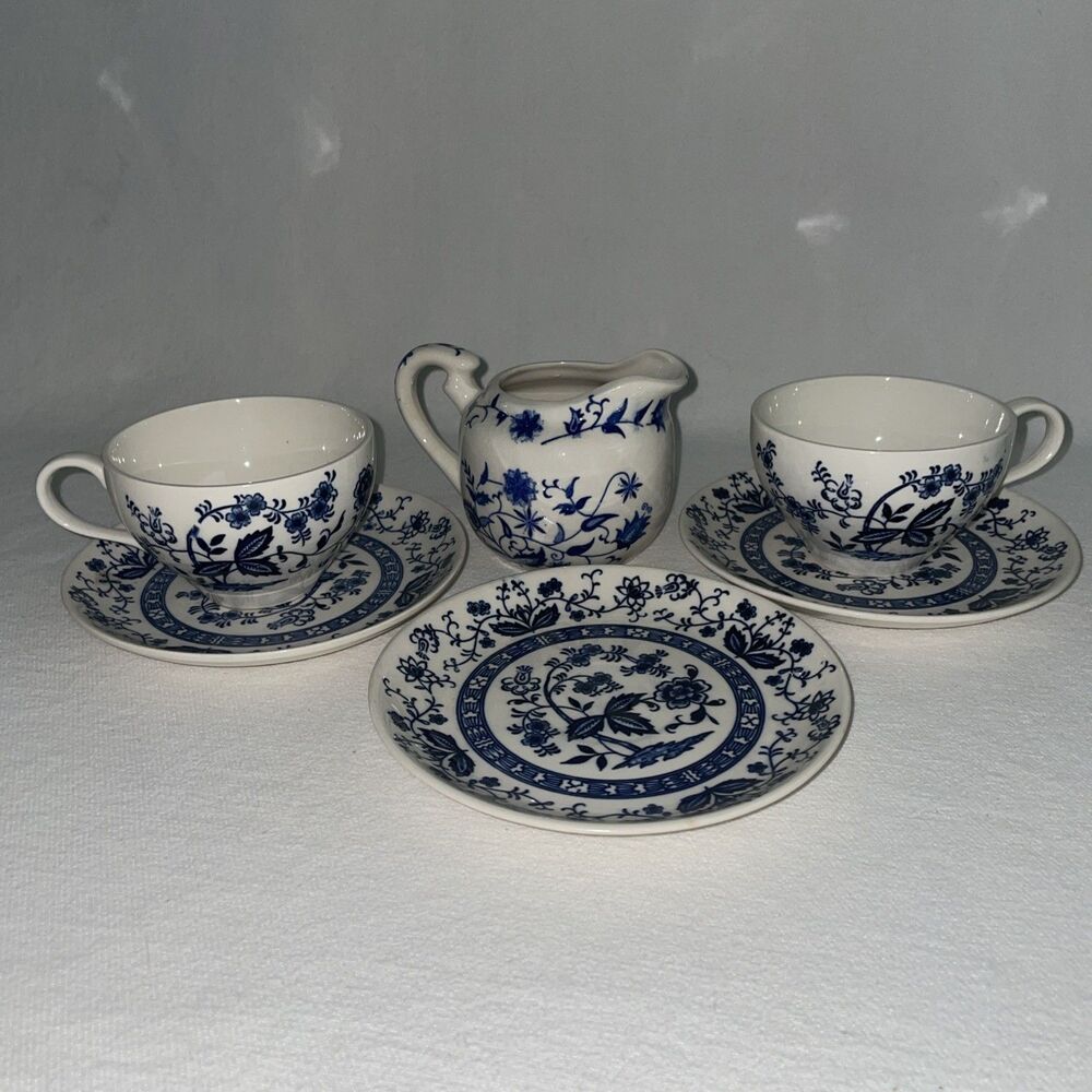Japan Blue Onion Vintage 3.5” Teacup 6” Saucer And 3” Creamer - Set
